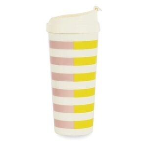Kate Spade Pink/Yellow Insulated Thermal Travel Mug, 16 Ounces, Two-Tone Stripe